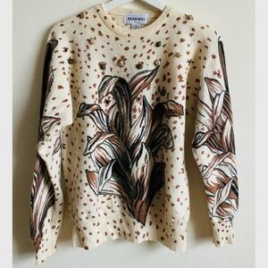 Vintage cream brown gold wool angora sweater floral print embroidered 80s small